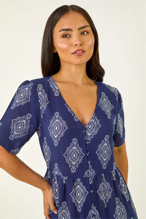 Roman Navy Petite Border Print Tiered Dress - 18 Image 4