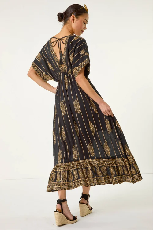 Roman Black Petite Foil Print Boho Maxi Dress - 12 Image 3