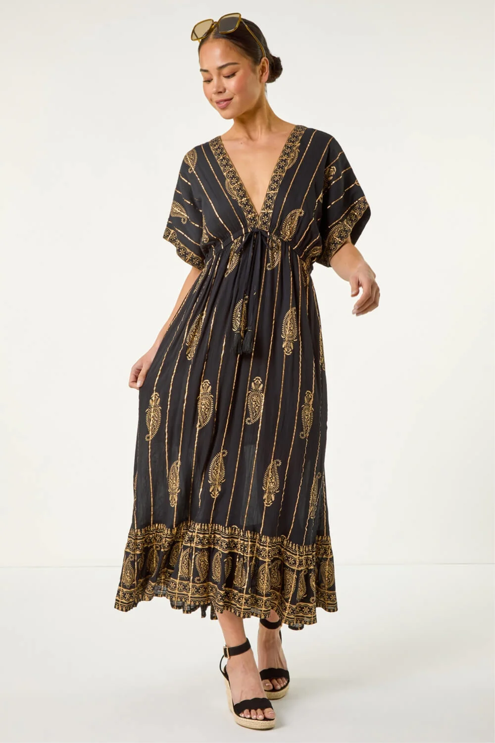 Roman Black Petite Foil Print Boho Maxi Dress - 12 Image 2
