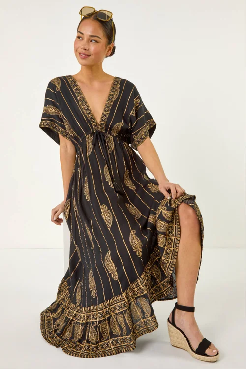 Roman Black Petite Foil Print Boho Maxi Dress - 12 Image 1