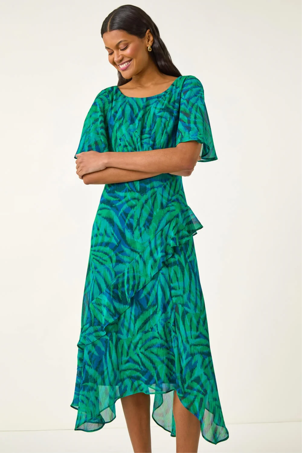 Roman Teal Leaf Print Chiffon Frill Midi Dress - 20 Image 1