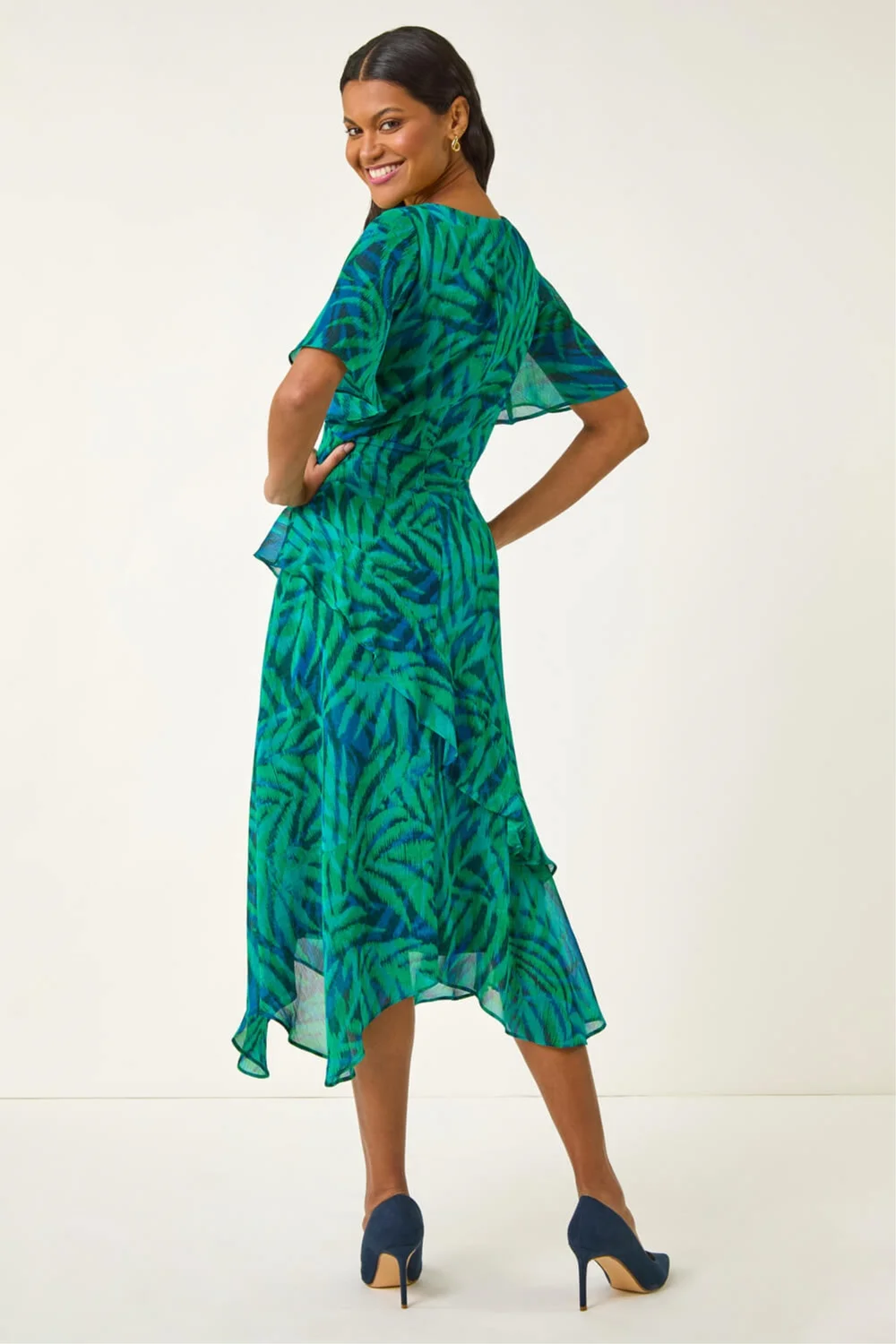 Roman Teal Leaf Print Chiffon Frill Midi Dress - 20 Image 3