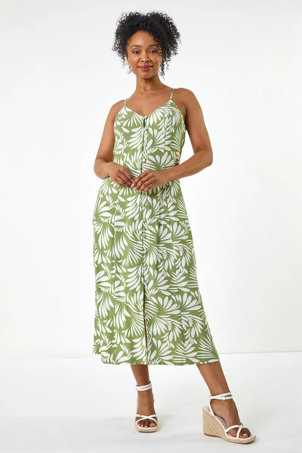 Roman Khaki Petite Printed Button Through Dress - 16 Image 2