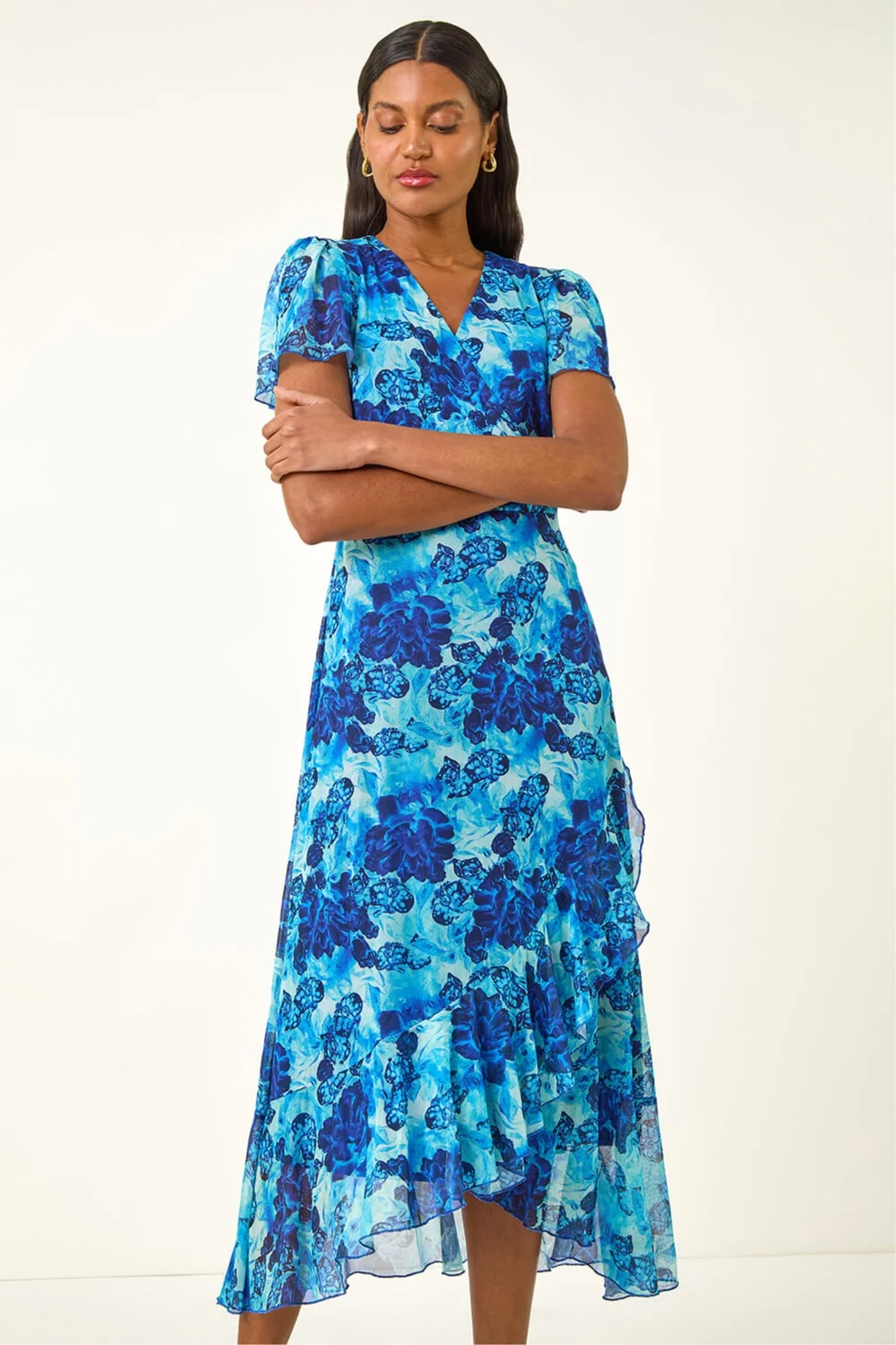 Roman Blue Floral Frill Mesh Stretch Dress - 18 | Matalan Roman Blue Floral Frill Mesh Stretch Dress - 18 | Matalan