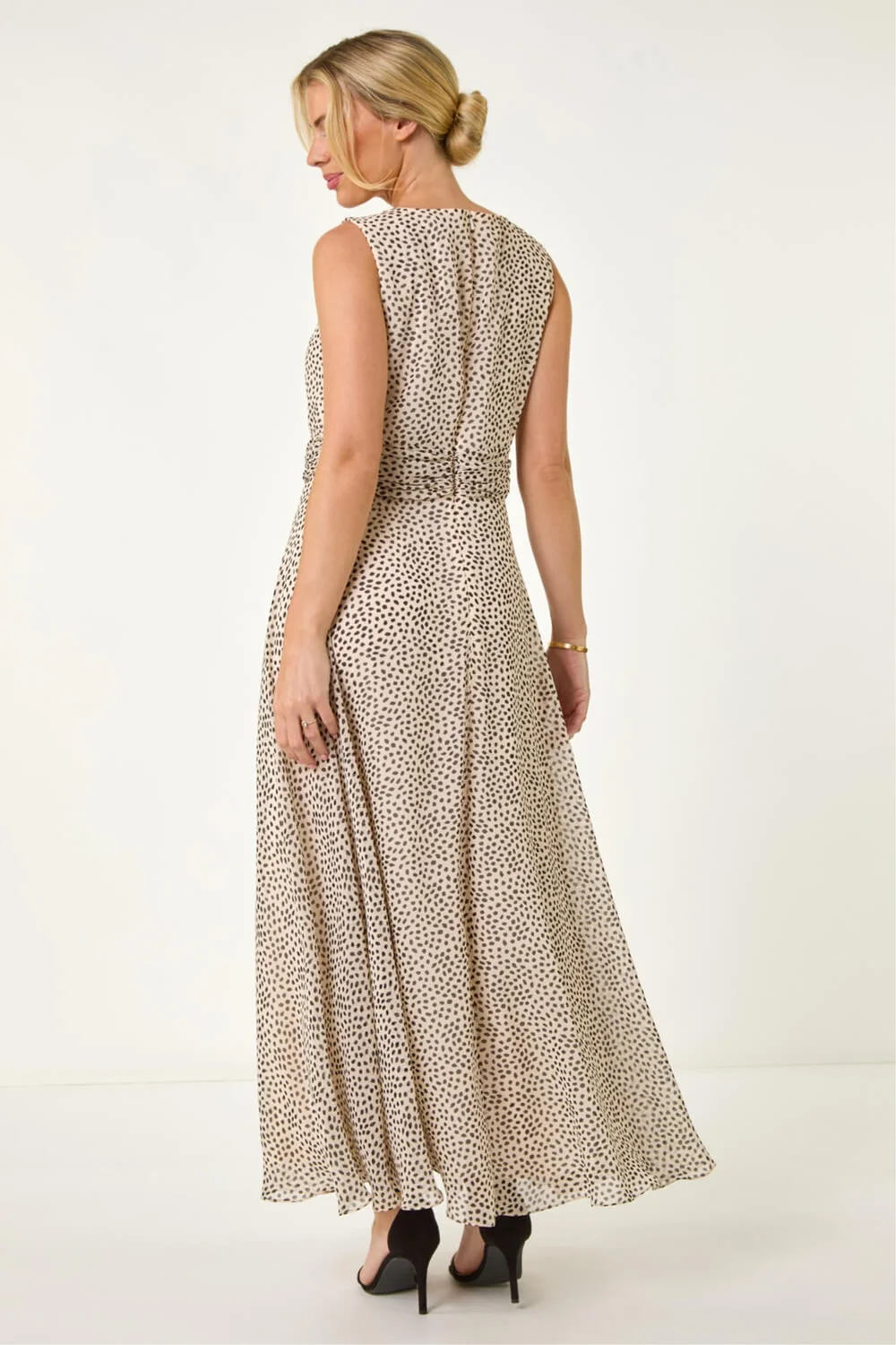 Roman Ivory Petite Spot Print Ruched Waist Midi Dress - 12 Image 3