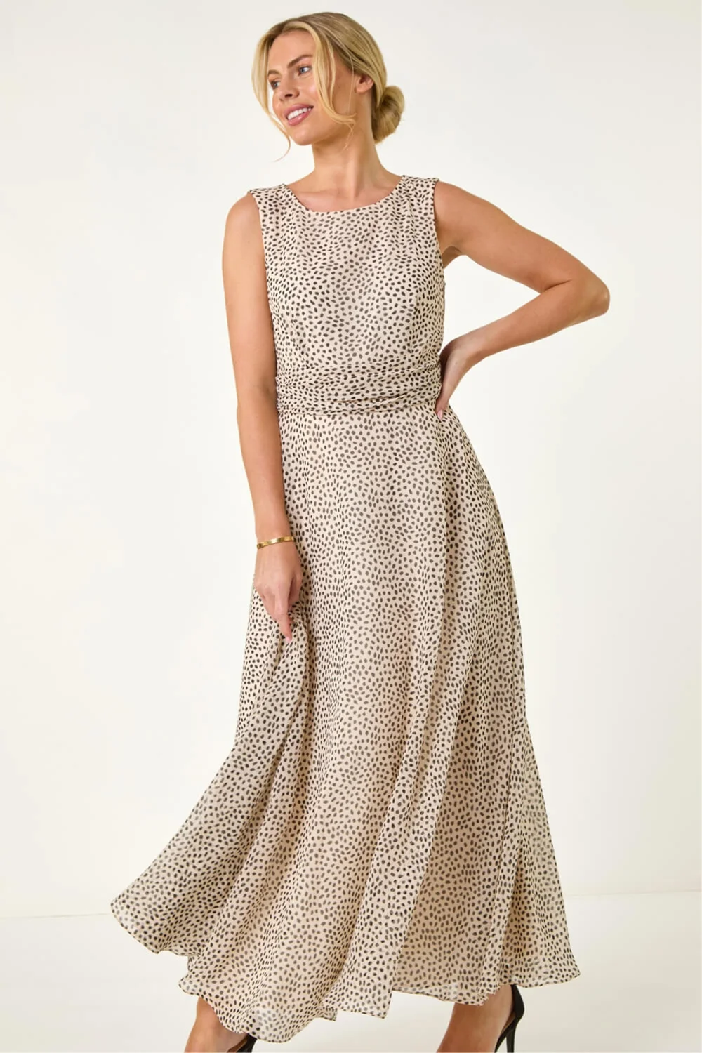 Roman Ivory Petite Spot Print Ruched Waist Midi Dress - 12 Image 2