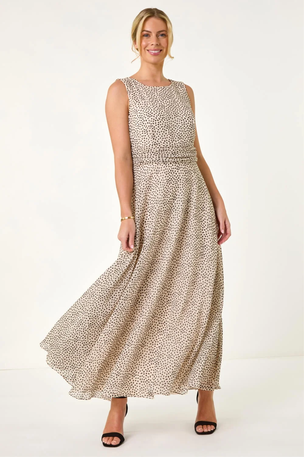 Roman Ivory Petite Spot Print Ruched Waist Midi Dress - 12 Image 1