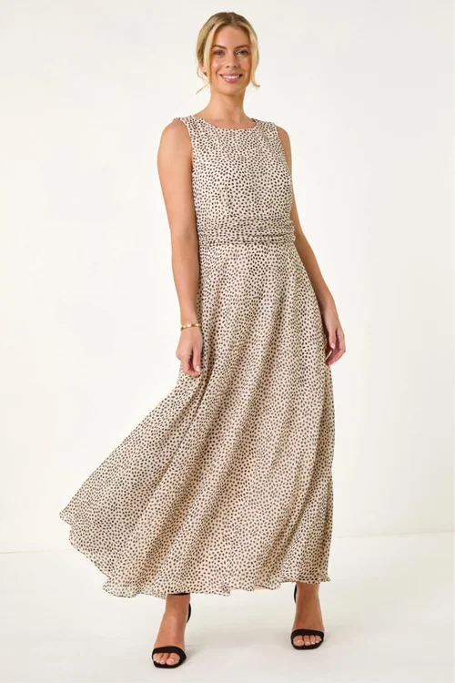 Roman Ivory Petite Spot Print Ruched Waist Midi Dress - 12 Image 1