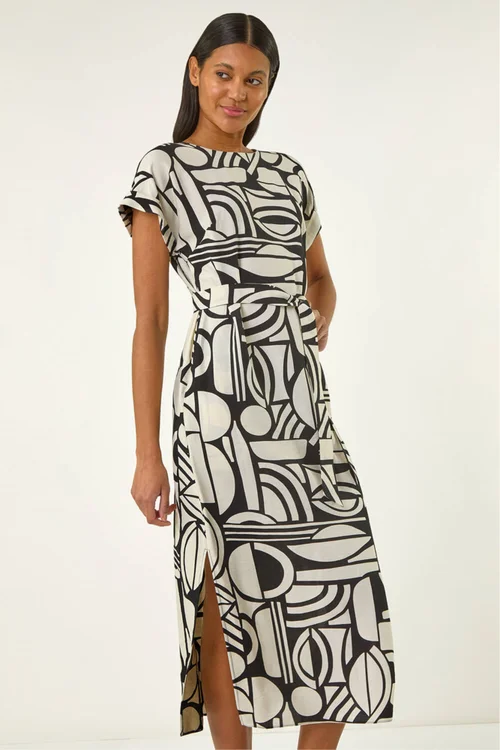 Roman Ivory Geometric Textured Midi Dress - 18 Image 1