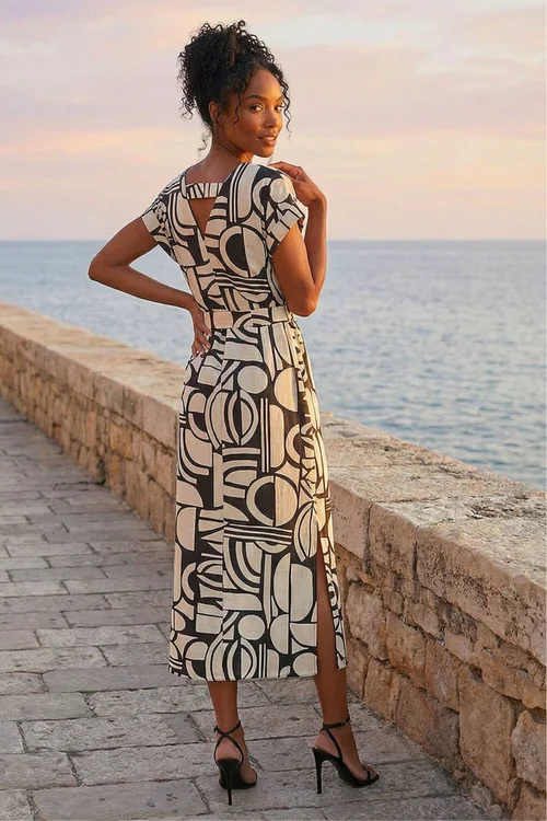 Roman Ivory Geometric Textured Midi Dress - 18 Image 2