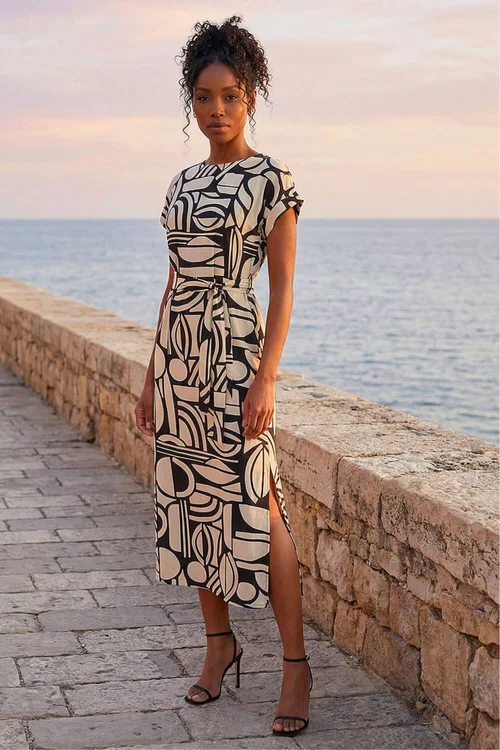 Roman Ivory Geometric Textured Midi Dress - 18 Image 1