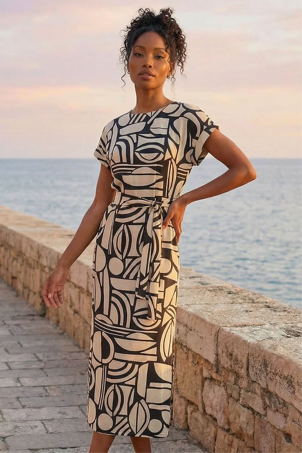 Roman Ivory Geometric Textured Midi Dress - 18 Image 3