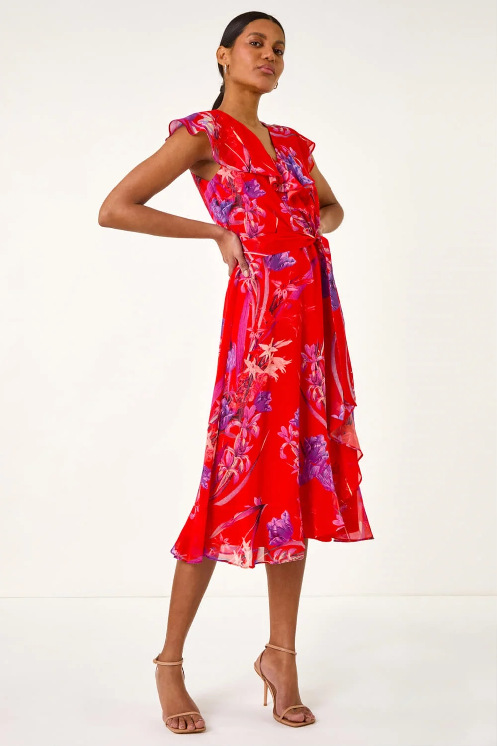 Roman Red Floral Print Ruffle Wrap Front Midi Dress - 14 Image 1