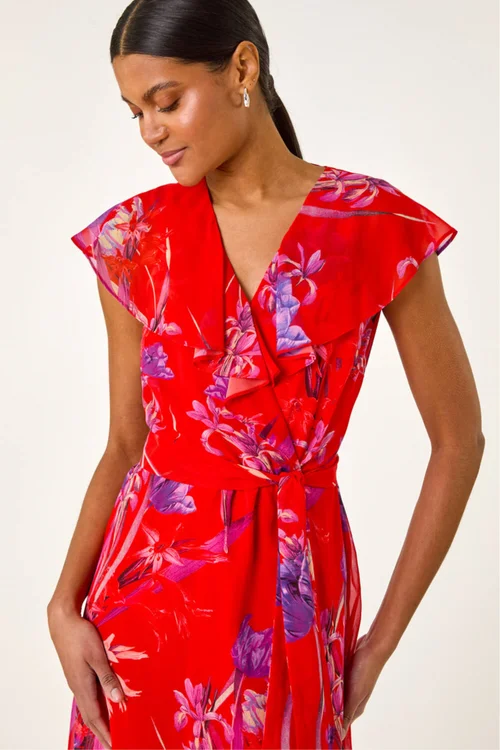 Roman Red Floral Print Ruffle Wrap Front Midi Dress - 14 Image 4