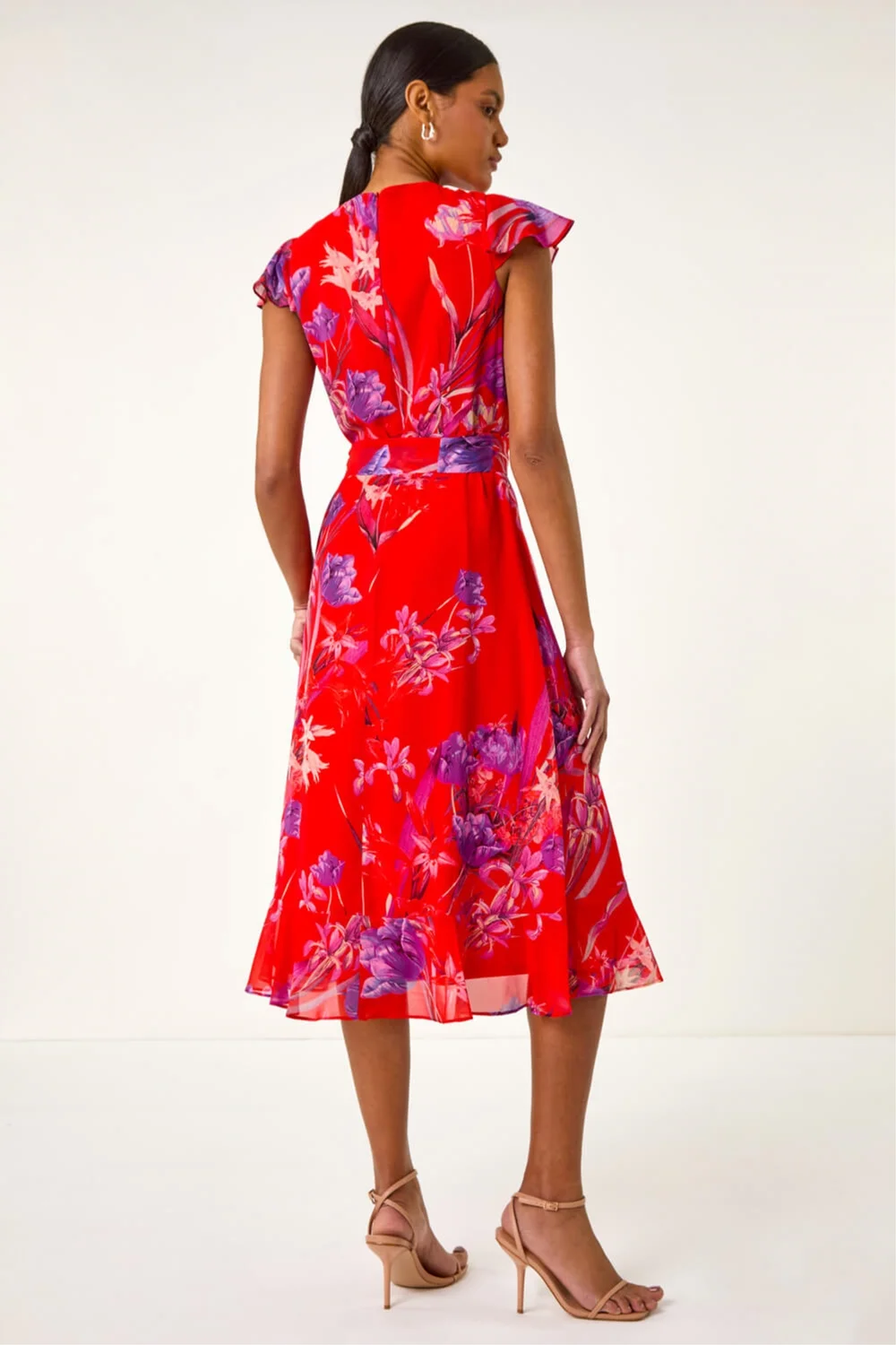 Roman Red Floral Print Ruffle Wrap Front Midi Dress - 14 Image 3