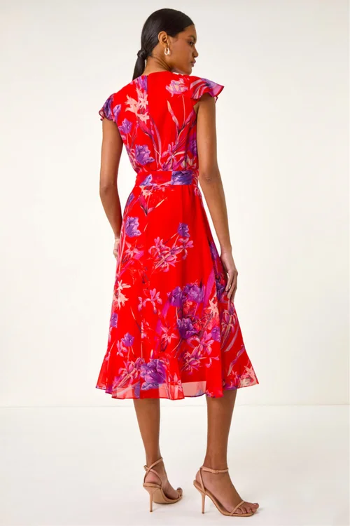 Roman Red Floral Print Ruffle Wrap Front Midi Dress - 14 Image 3