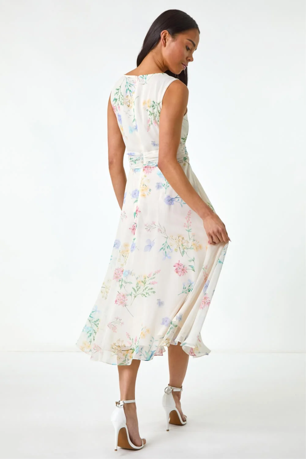 Roman Ivory Petite Floral Gathered Waist Midi Dress - 12 Image 3