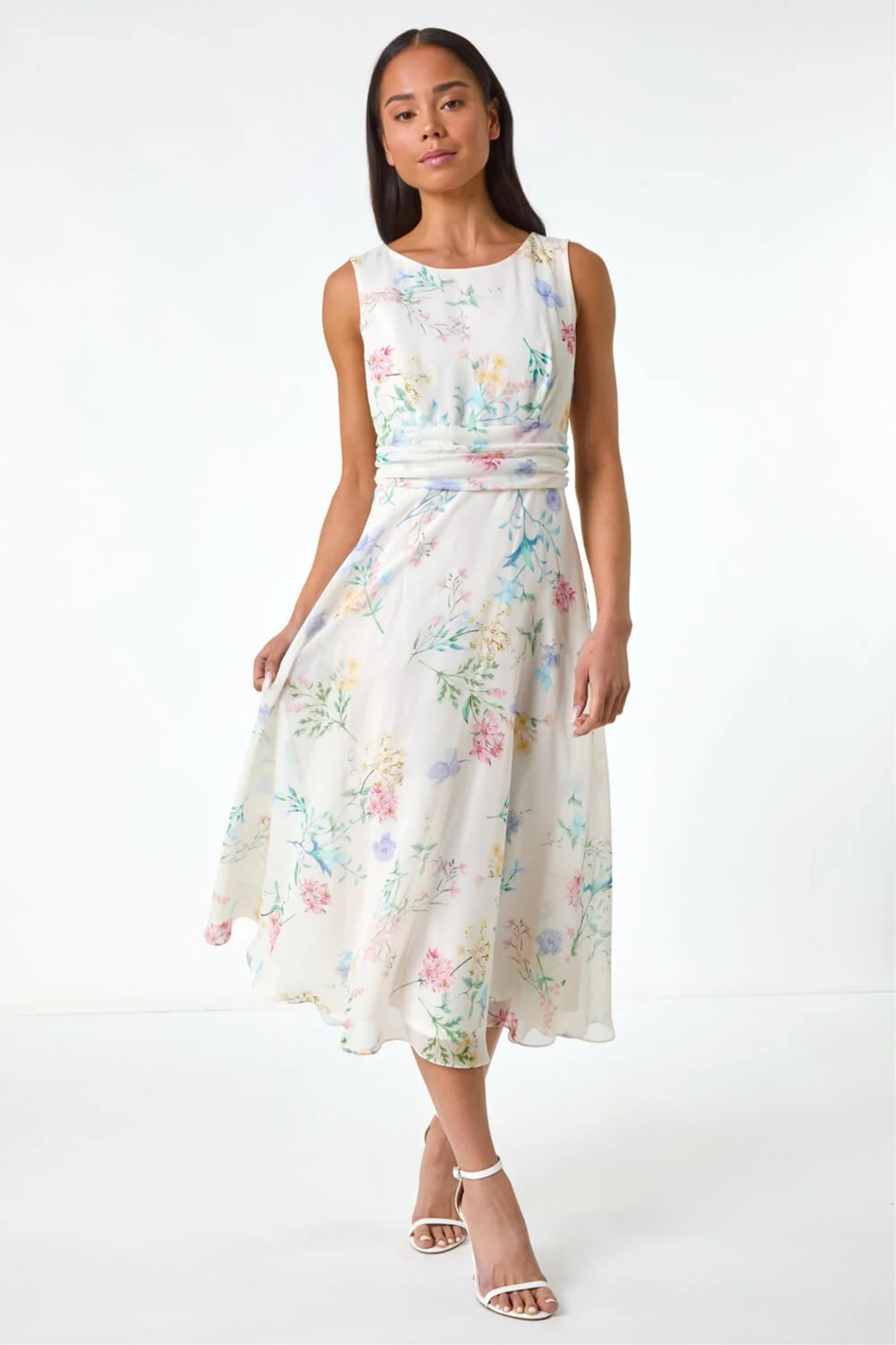 Roman Ivory Petite Floral Gathered Waist Midi Dress - 12 Image 1