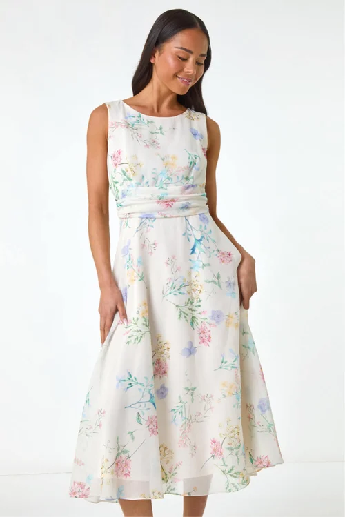 Roman Ivory Petite Floral Gathered Waist Midi Dress - 12 Image 2