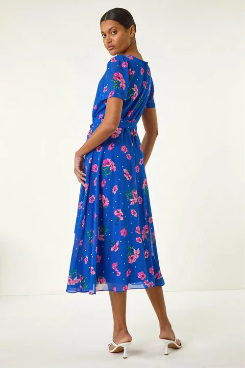 Roman Blue Floral Pleated Chiffon Dress - 16 Image 3