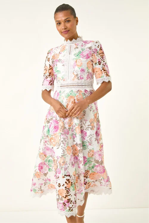 Roman White Floral Lace Midi Dress - 16 Image 2