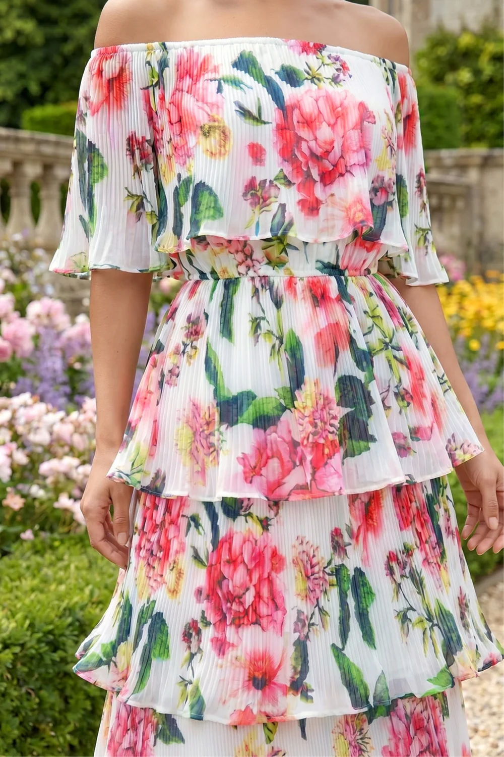 Roman Ivory Bardot Floral Tiered Dress - 14 Image 4