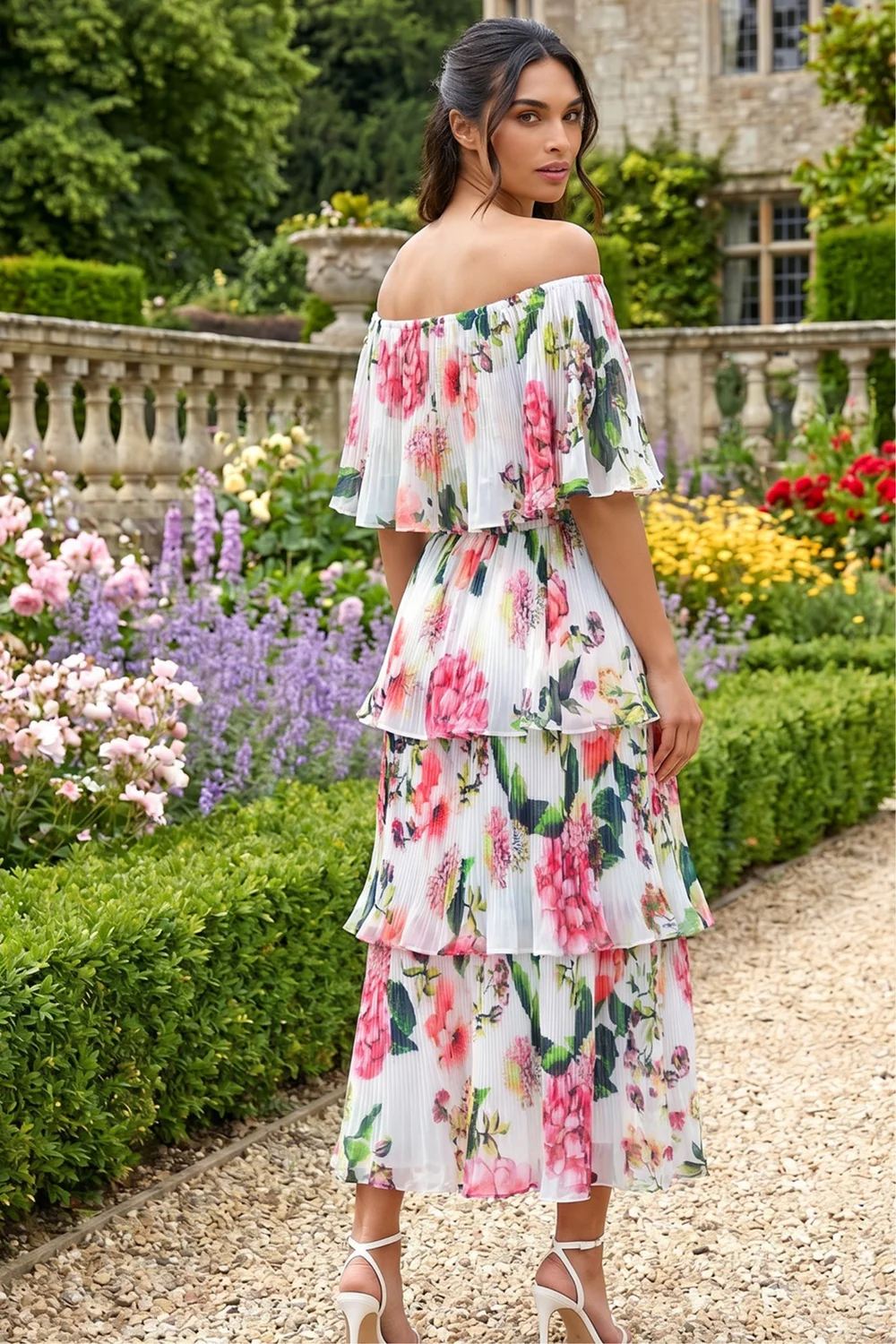 Roman Ivory Bardot Floral Tiered Dress - 14 Image 3