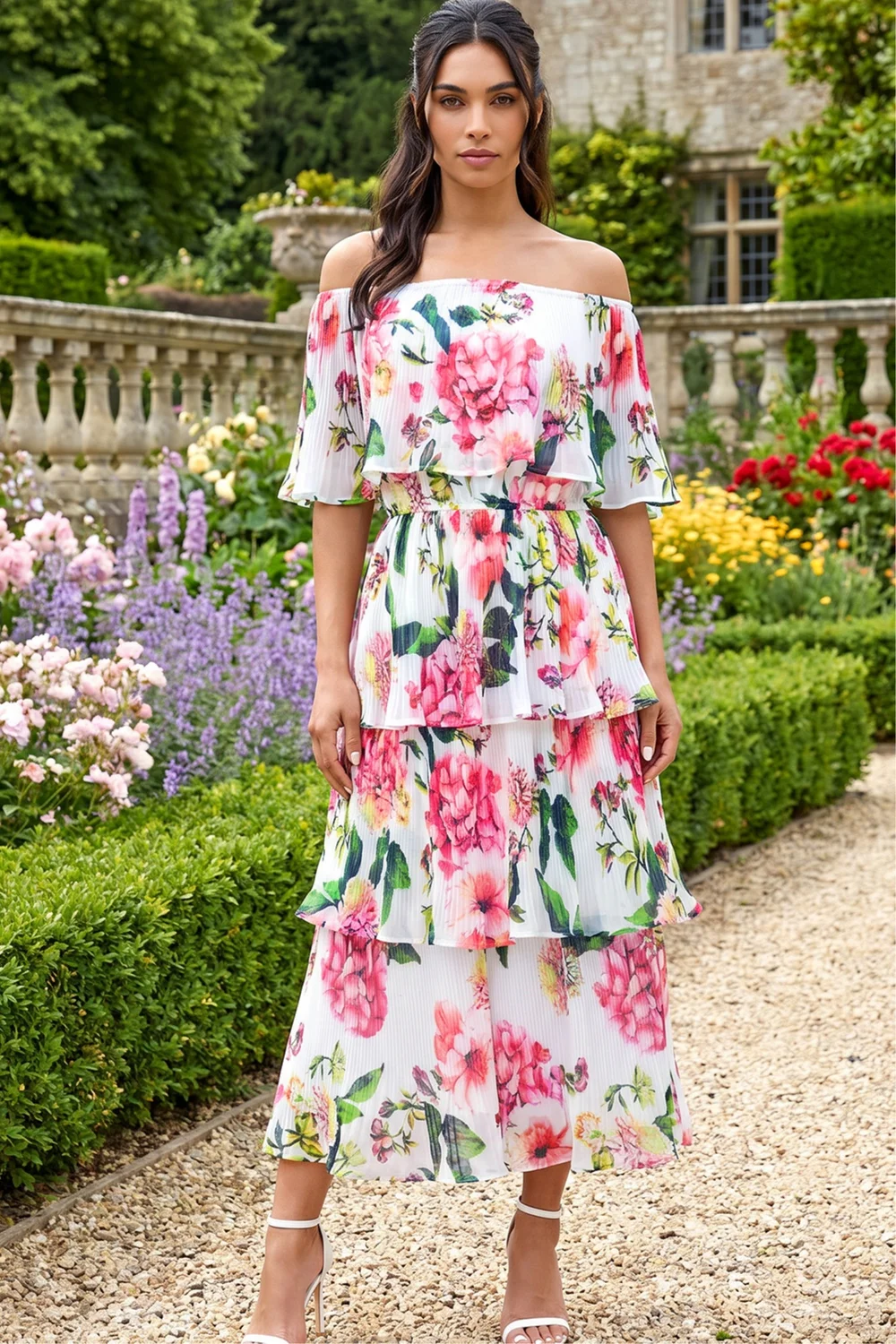 Roman Ivory Bardot Floral Tiered Dress - 14 Image 2