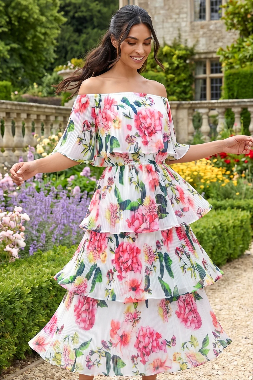 Roman Ivory Bardot Floral Tiered Dress - 14 Image 1