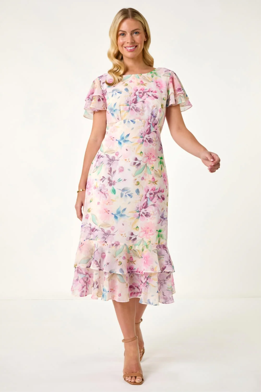 Roman Pink Petite Floral Double Frill Dress - 18 Image 2