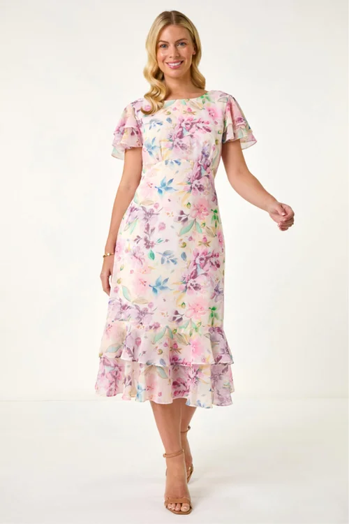 Roman Pink Petite Floral Double Frill Dress - 18 Image 2
