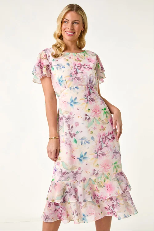 Roman Pink Petite Floral Double Frill Dress - 18 Image 1
