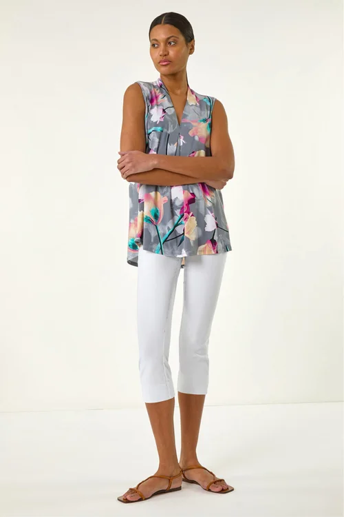Roman Pink Floral Print Pleat Front Vest - 20 Image 2