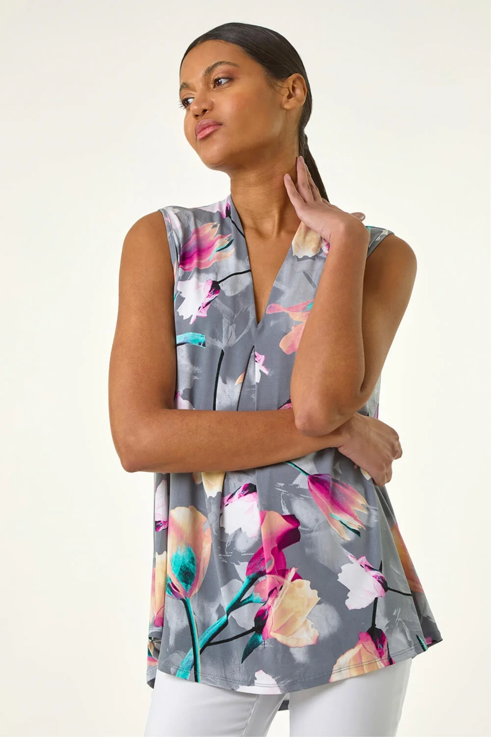 Roman Pink Floral Print Pleat Front Vest - 20 Image 1