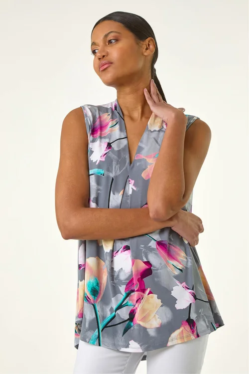 Roman Pink Floral Print Pleat Front Vest - 20 Image 1