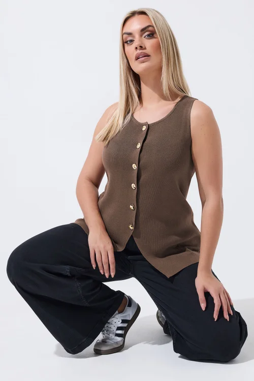 Yours Limited Curve Chocolate Brown Knitted Waistcoat - 20 Image 1