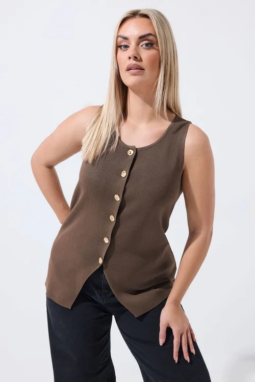 Yours Limited Curve Chocolate Brown Knitted Waistcoat - 20 Image 2