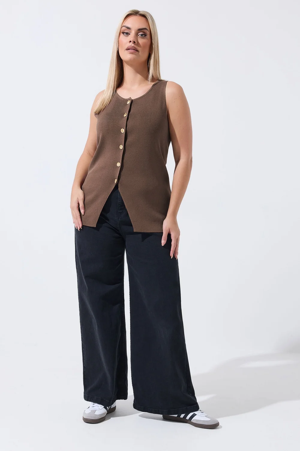 Yours Limited Curve Chocolate Brown Knitted Waistcoat - 20 Image 3