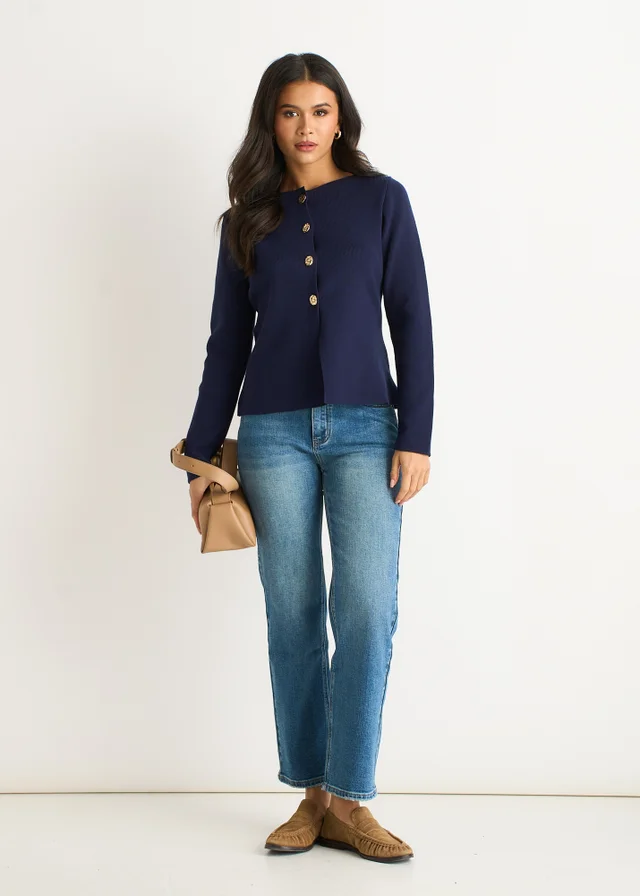 Gini London Navy Button Front Compact Knit Cardigan