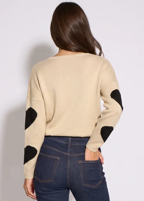 Gini London Beige V Neck Oversized Heart Knit Jumper - L/XL Image 2