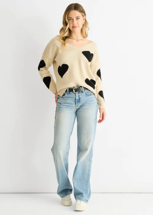 Gini London Beige V Neck Oversized Heart Knit Jumper - M/L Image 1
