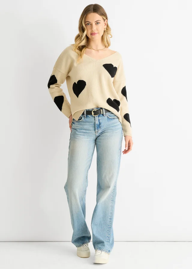 Gini London Beige V Neck Oversized Heart Knit Jumper