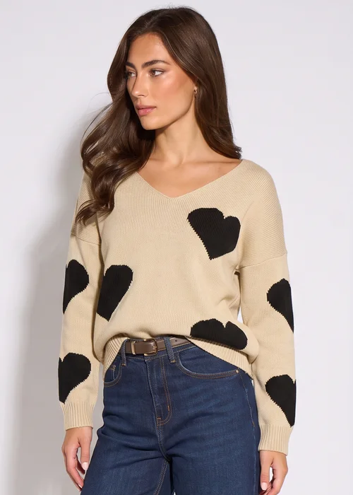 Gini London Beige V Neck Oversized Heart Knit Jumper - L/XL Image 4