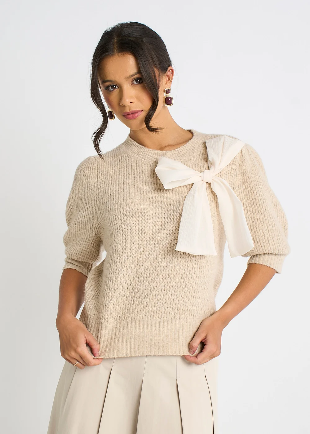 Gini London Mocha Chiffon Bow Knitted Jumper - L/XL Image 3