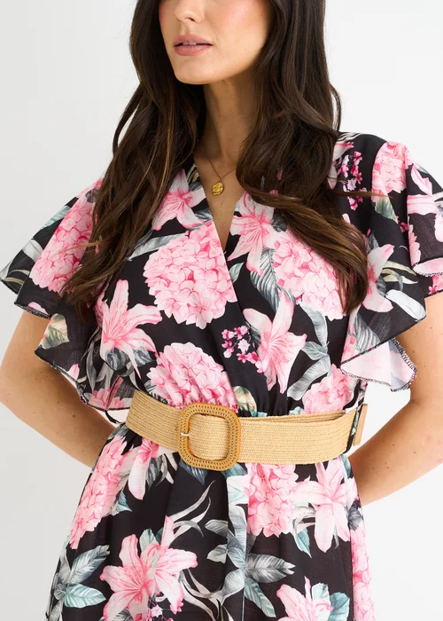 Gini London Black Floral Print Angel Sleeves Belted Wrap Midi Dress - L/XL Image 3