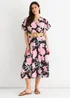 Gini London Black Floral Print Angel Sleeves Belted Wrap Midi Dress - L/XL Image 1