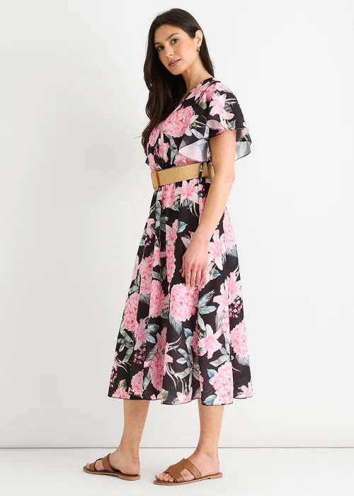 Gini London Black Floral Print Angel Sleeves Belted Wrap Midi Dress - L/XL Image 4