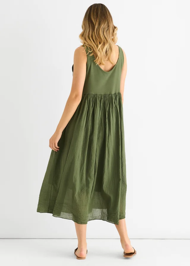 Gini London Khaki Scoop Neck Jersey Cotton Midi Dress