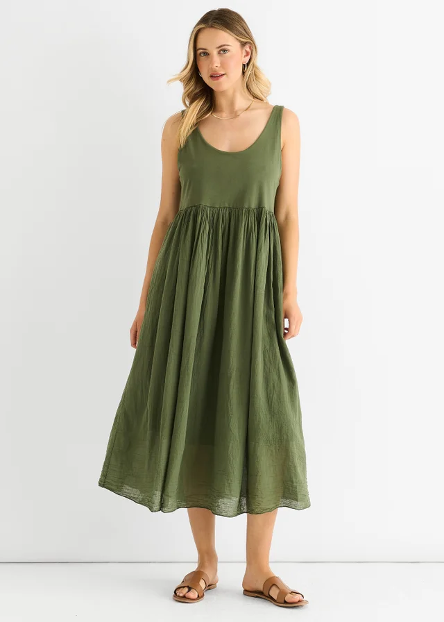 Gini London Khaki Scoop Neck Jersey Cotton Midi Dress