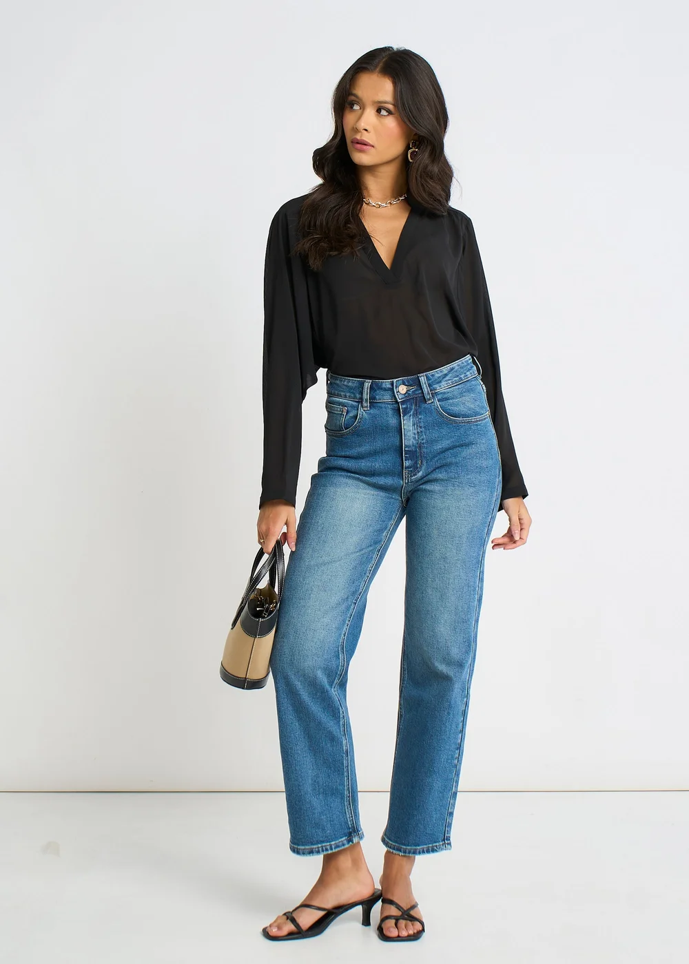 Gini London Black Textured Chiffon Oversized Blouse - M/L Image 1